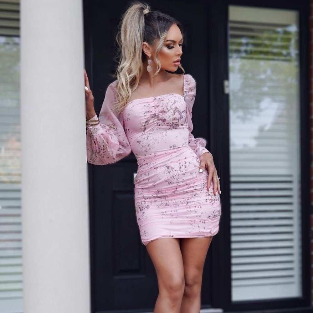 Floral Print Long Sleeve Ruched Bodycon Mini Dress - Picture 2 of 5